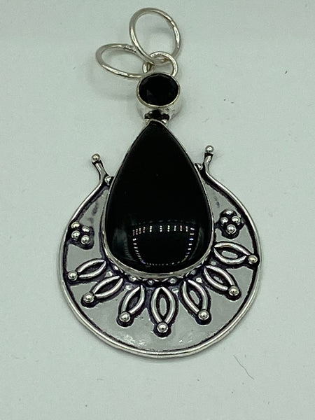 Natural Black Onyx Teardrop and Black Spinel Gemstone Sterling Silver Pendant