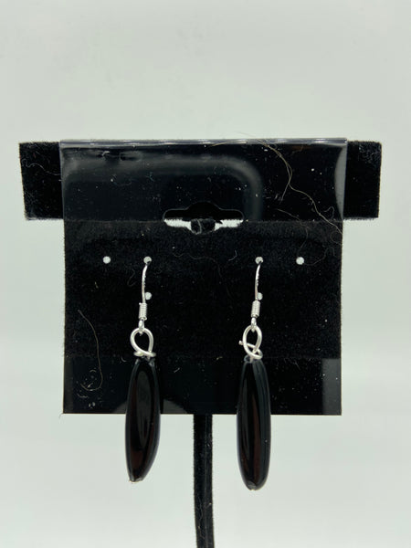 Natural Black onyx Gemstone Long Slender Oval Sterling Silver Dangle Earrings