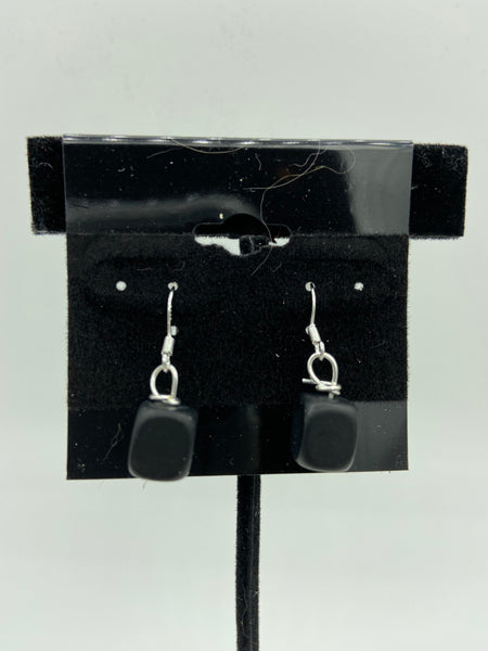 Matte Black Onyx Gemstone Cube Beaded Sterling Silver Dangle Earrings