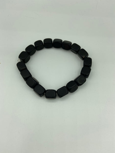Matte Black Onyx Gemstone Cubes Beaded Stretch Bracelet