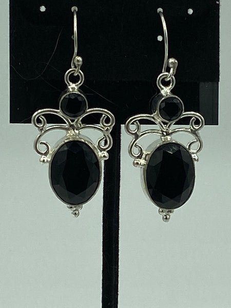 Natural Black Onyx Gemstone Butterfly Sterling Silver Dangle Earrings