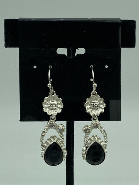 Natural Black Onyx & White Topaz Gemstone Sterling Silver Flower Dangle Earrings
