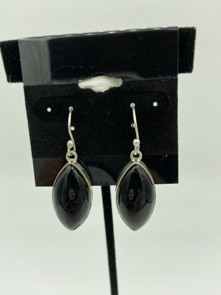 Natural Black Onyx Gemstone Pointed Oval Sterling Silver Dangle Earrings