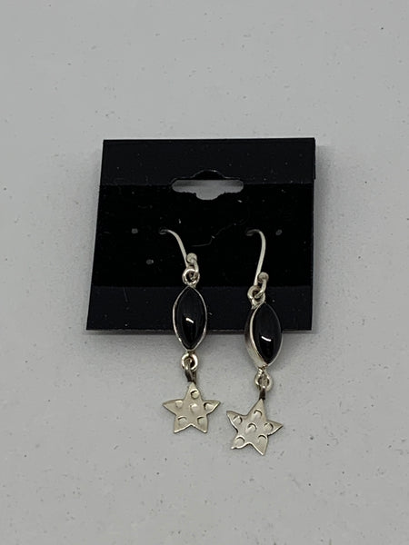 Natural Black Onyx Gemstone Star Dangle Sterling Silver Earrings