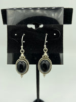 Natural Black Onyx Gemstone Oval Cabochon Sterling Silver Dangle Earrings