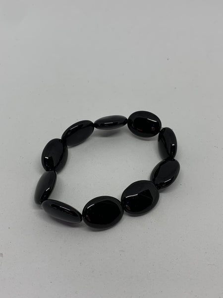 Natural Black Onyx Gemstone Puffy Ovals Beaded Stretch Bracelet