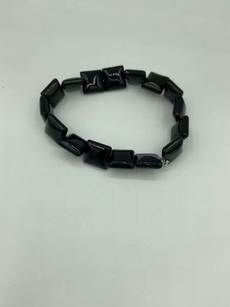 Natural Black Onyx Gemstone Puffed Squares Beaded Stretch Bracelet