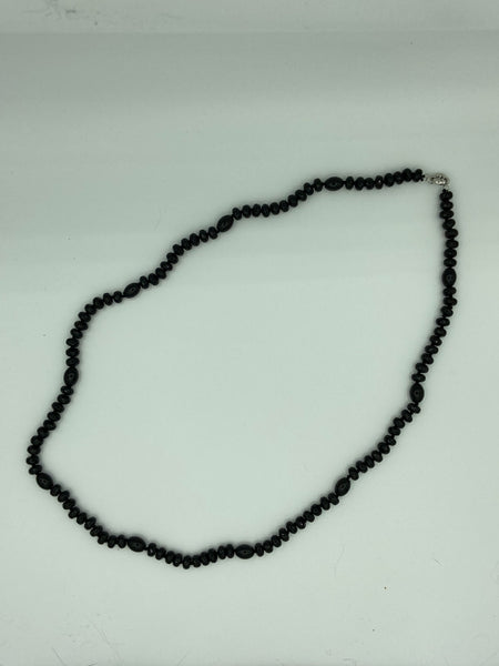 Natural Black Agate Gemstone Faceted Rondelle and Rice Beaded Long Necklace