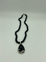 Natural Black Onyx Gemstone Bead Necklace with Fancy Teardrop Pendant