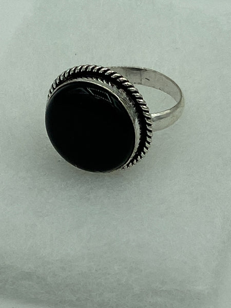 Natural Black Onyx Gemstone Round Sterling Silver Adjustable Ring