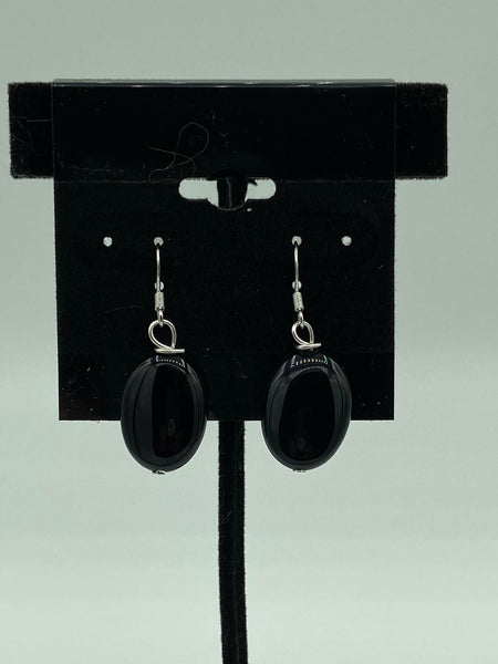 Natural Black Onyx Gemstone Puffed Oval Beaded Sterling Silver Dangle Earrings