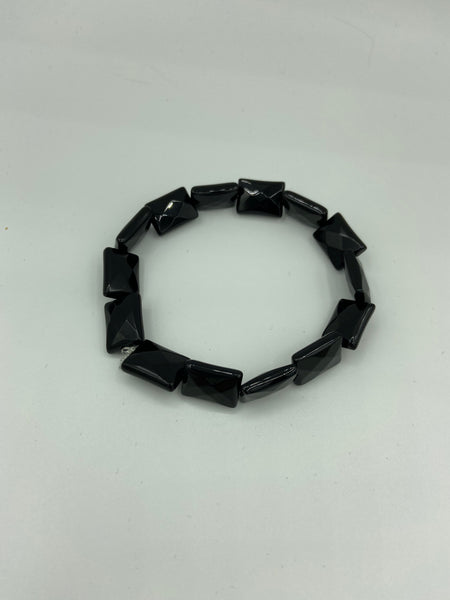 Natural Black Onyx Gemstone Faceted Rectangles Beaded Stretch Bracelet