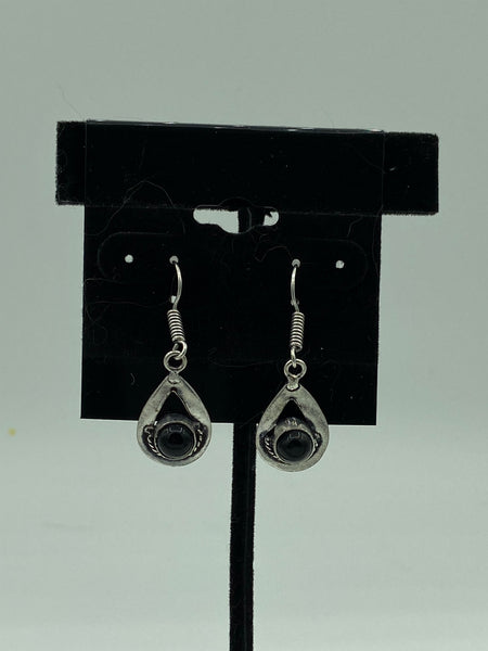 Natural Black Onyx Gemstone Round on Sterling Silver Teardrop Dangle Earrings