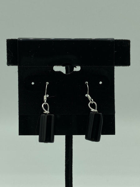 Natural Black Onyx Gemstone Rounded Rectangle Sterling Silver Dangle Earrings