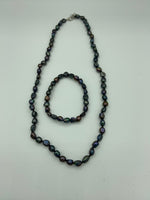 Natural Black Pearl Beaded Adjustable Necklace and Stretch Bracelet Set