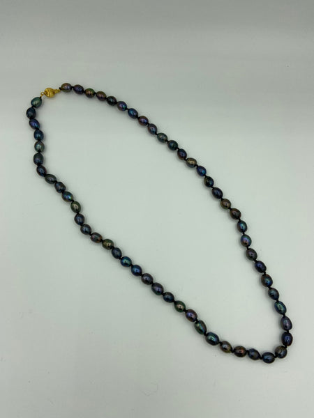 Natural Black Rice Pearl Gemstone Long Beaded Necklace