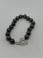 Natural Black Pearl Gemstone Beaded Bracelet with Heart Toggle Clasp
