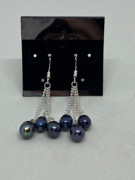 Natural Black Pearl Gemstone Dangle Sterling Silver Earrings