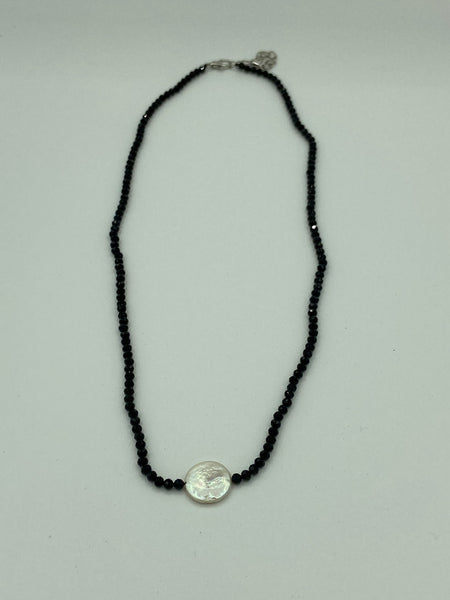Natural Black Spinel and White Coin Pearl Dainty Beaded Gemstone Necklace