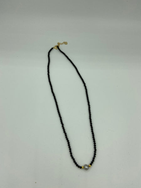 Natural Black Spinel Gemstone Rondelle and Gray Pearl Beaded Adjustable Necklace