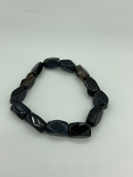 Natural Black Agate Gemstone Rectangular Nuggets Beaded Stretch Bracelet