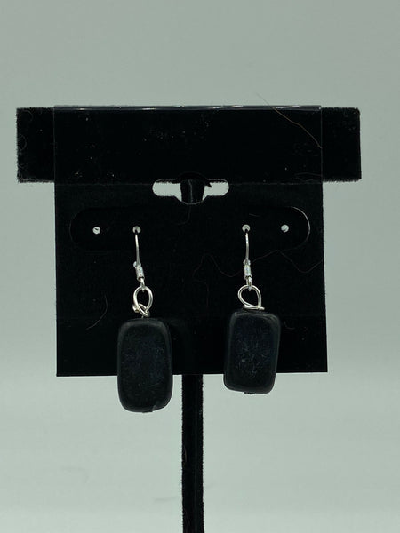 Natural Blackstone Gemstone Rectangles Sterling Silver Dangle Earrings