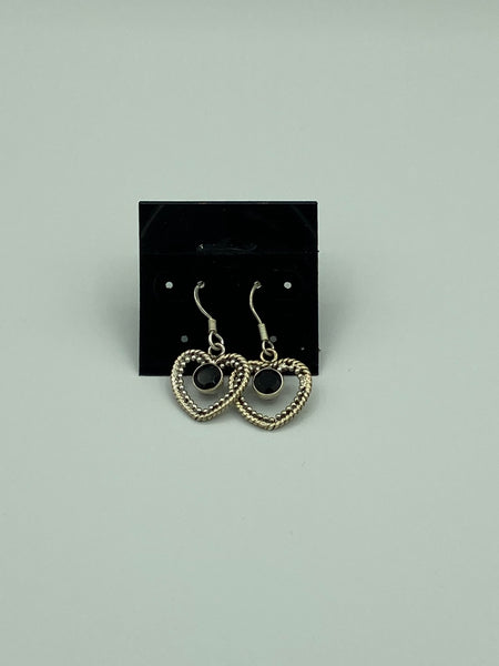 Natural Black Tourmaline Gemstone in Sterling Silver Heart Dangle Earrings