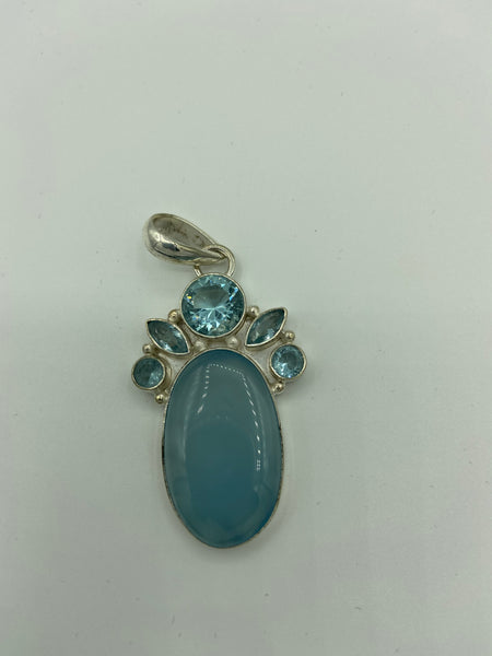 Natural Blue Chalcedony and Blue Topaz Gemstone Oval Sterling Silver Pendant
