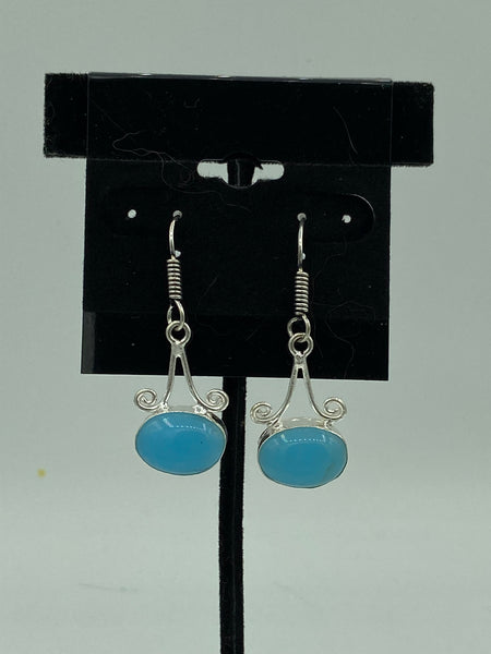 Natural Blue Chalcedony Gemstone Oval Cabochon Sterling Silver Dangle Earrings