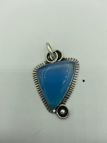 Natural Blue Chalcedony Gemstone Triangle Sterling Silver Pendant
