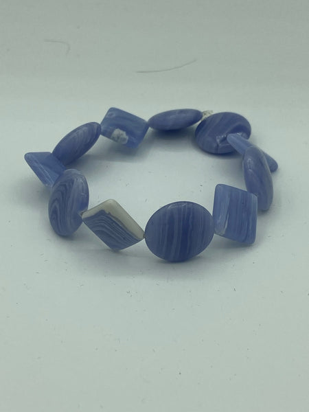 Natural Blue Lace Agate Gemstone Disk and Diamond Shapes Beaded Stretch Bracelet
