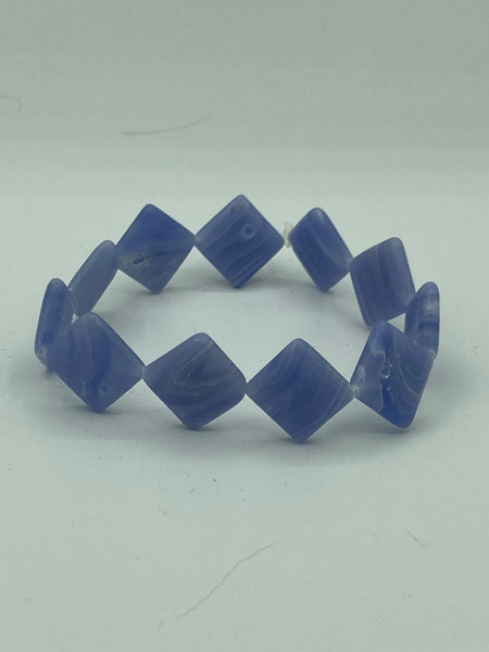 Natural Blue Lace Agate Gemstone Flat Diamonds Beaded Stretch Bracelet