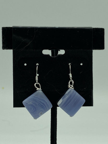 Natural Blue Lace Agate Gemstone Diamond Beaded Sterling Silver Dangle Earrings
