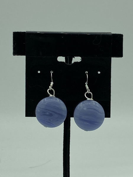 Natural Blue Lace Agate Gemstone Disk Beaded Sterling Silver Dangle Earrings