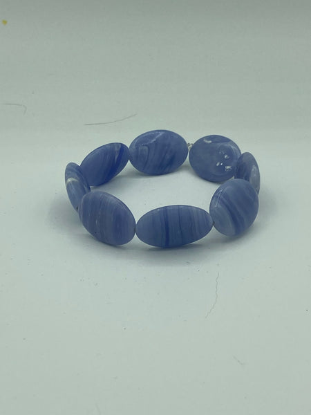 Natural Blue Lace Agate Gemstone Large Ovals Beaded Stretch Bracelet