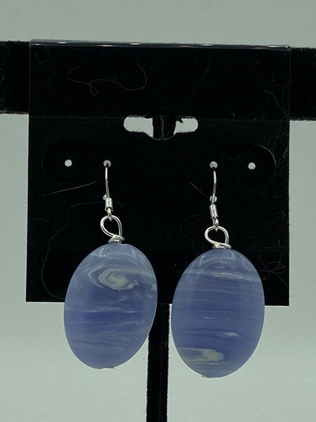 Natural Blue Lace Agate Gemstone Oval Beaded Sterling Silver Dangle Earrings