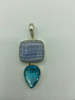 Natural Blue Lace Agate and Blue Topaz Gemstone Sterling Silver Pendant