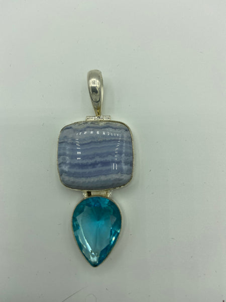 Natural Blue Lace Agate and Blue Topaz Gemstone Sterling Silver Pendant