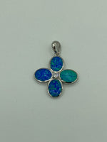 Natural Opal and White Topaz Gemstone Sterling Silver Flower Pendant