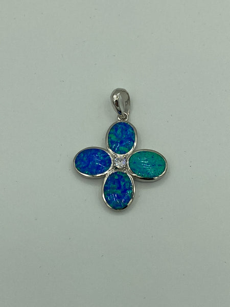 Natural Opal and White Topaz Gemstone Sterling Silver Flower Pendant