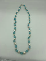 Natural Blue Opal and White Pearl Gemstone Beaded Necklace
