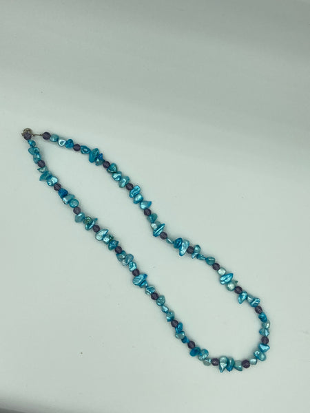 Blue Baroque Pearl and Purple Faceted Glass Beaded Necklace