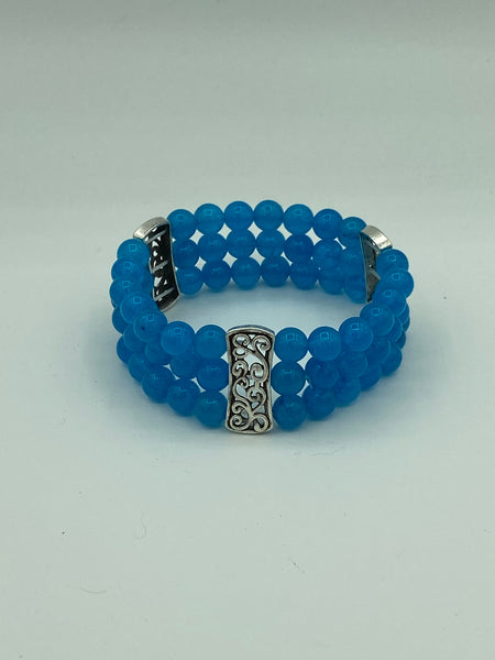Natural Blue Topaz Gemstone Round and Silver 3 Row Beaded Stretch Bracelet
