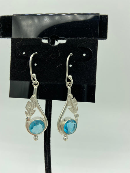 Natural Blue Topaz Gemstone Round Sterling Silver Leaf Dangle Earrings