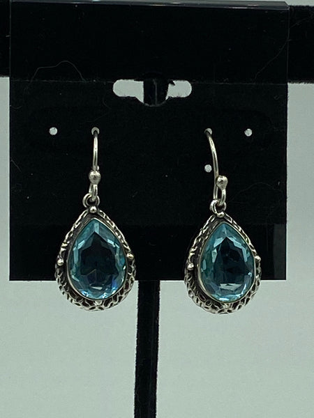 Natural Blue Topaz Gemstone Faceted Teardrop Sterling Silver Dangle Earrings