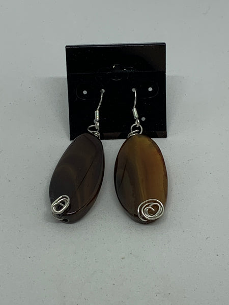 Natural Brown Agate Gemstone Oval Sterling Silver Dangle Earrings