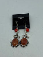 Natural Carnelian Gemstone Round and Oval Cabochon Dangle Sterling Silver Earrings