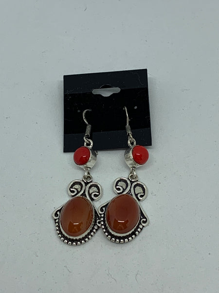 Natural Carnelian Gemstone Round and Oval Cabochon Dangle Sterling Silver Earrings