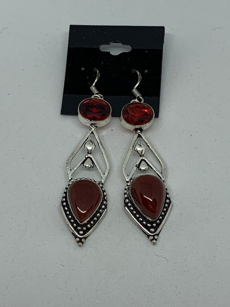 Natural Carnelian Gemstone Teardrop and Round Sterling Silver Dangle Earrings