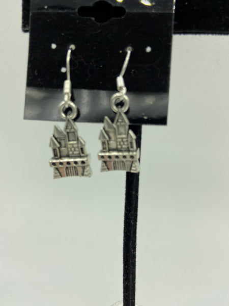 Silvertone Castle Charm Dangle Earrings with Sterling Silver Hooks